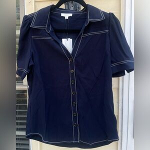 NWT A Loves A Contrast Stitch Navy Button Down Shirt Sz M